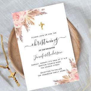 Christening girl pampas grass rose gold blush pink invitation