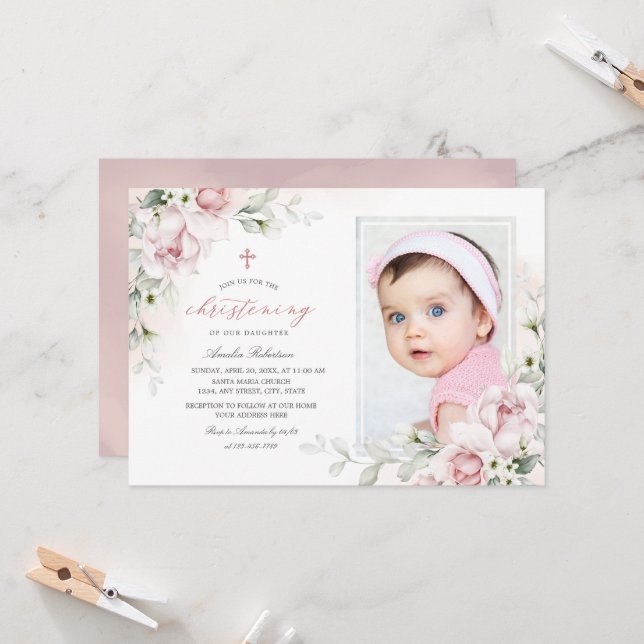 Christening Girls Photo Pink Watercolor Invitation (Front/Back In Situ)