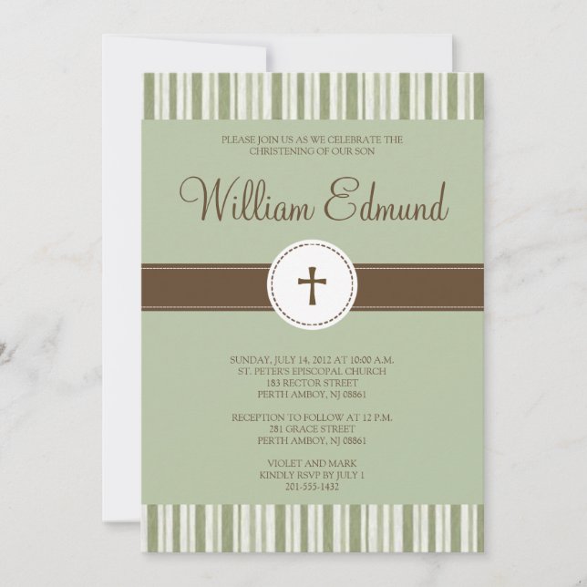 Christening Green Stripe Invitation (Front)