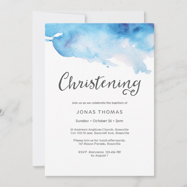 Christening Invitation | blue watercolor splashes (Front)