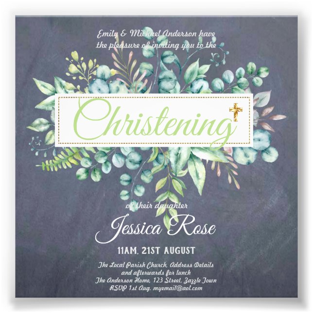 Christening Invitations Eucalyptus Greenery Budget Photo Print (Front)