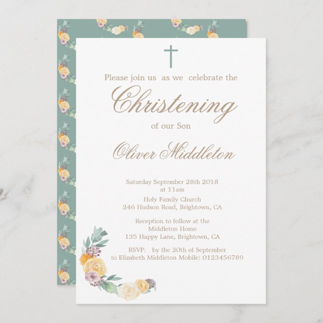 Christening or Baptism Floral Green Invitation (Front/Back)