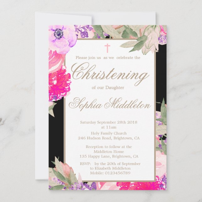 Christening or Baptism Floral Roses Invitation (Front)