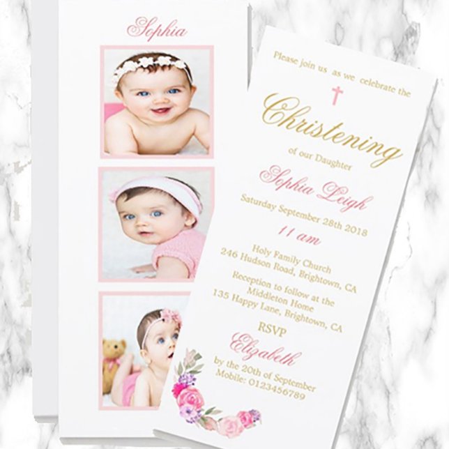 Christening or Baptism Photo Floral Pink  Holiday Card (Creator Uploaded)
