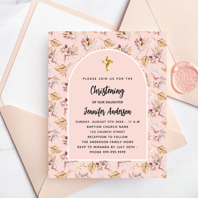Christening pampas florals rose budget invitation flyer (Creator Uploaded)
