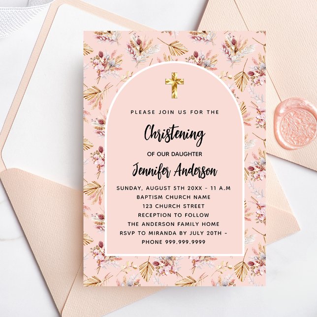 Christening pampas florals rose gold pink girl invitation (Creator Uploaded)