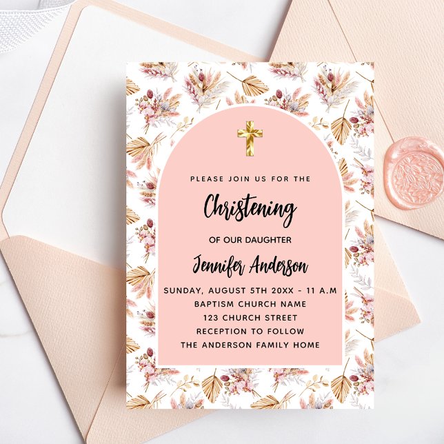 Christening pampas flowers rose gold pink girl invitation (Creator Uploaded)