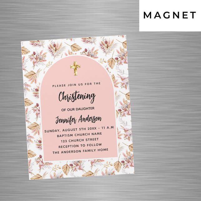 Christening pampas flowers rose gold pink luxury magnetic invitation (Creator Uploaded)