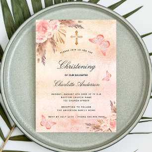 Christening pampas grass butterfly blush girl invitation