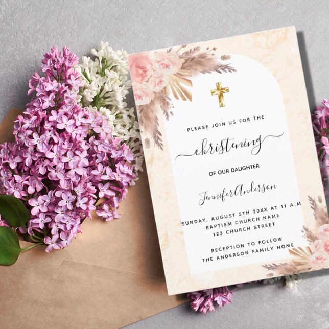 Christening pampas grass rose blush marble girl  invitation (Creator Uploaded)