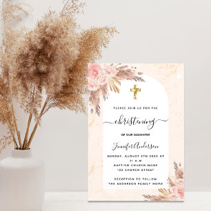 Christening pampas grass rose gold blush marble invitation