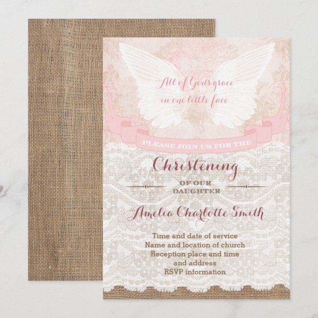 Christening Party Cards for girl in antique pink (Front/Back)