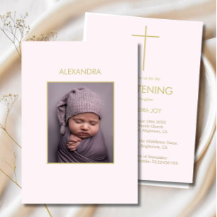 Christening Photo Pink Gold Girls Religious Invitation