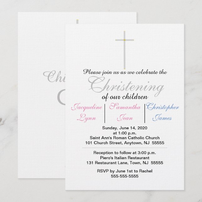 Christening Pink Blue Triplets Invitation (Front/Back)