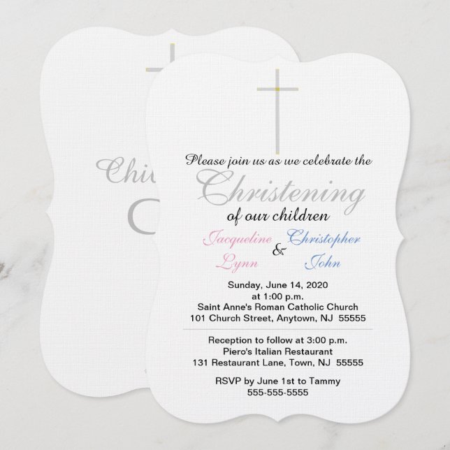 Christening Pink Blue Twins Invitation (Front/Back)