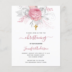 Christening pink florals girl budget invitation flyer