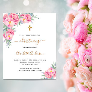 Christening pink florals rose budget invitation flyer