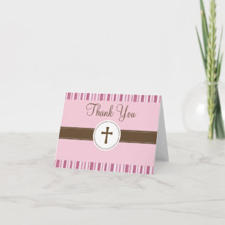 Christening Pink Stripe Thank You Card