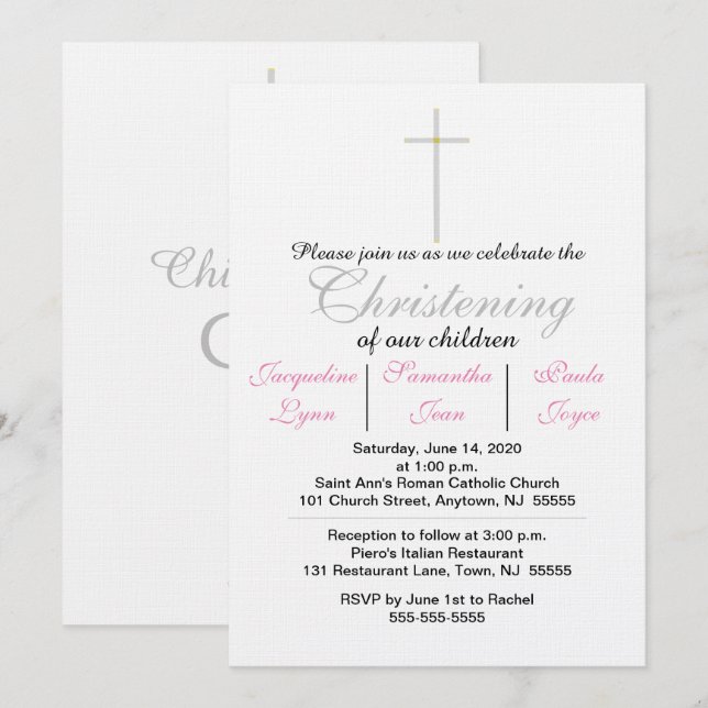 Christening Pink Triplets Invitation (Front/Back)