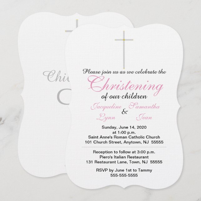 Christening Pink Twins Invitation (Front/Back)