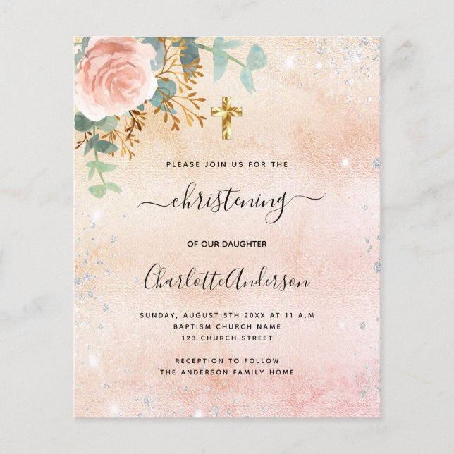 Christening rose gold floral eucalyptus invitation flyer (Front)