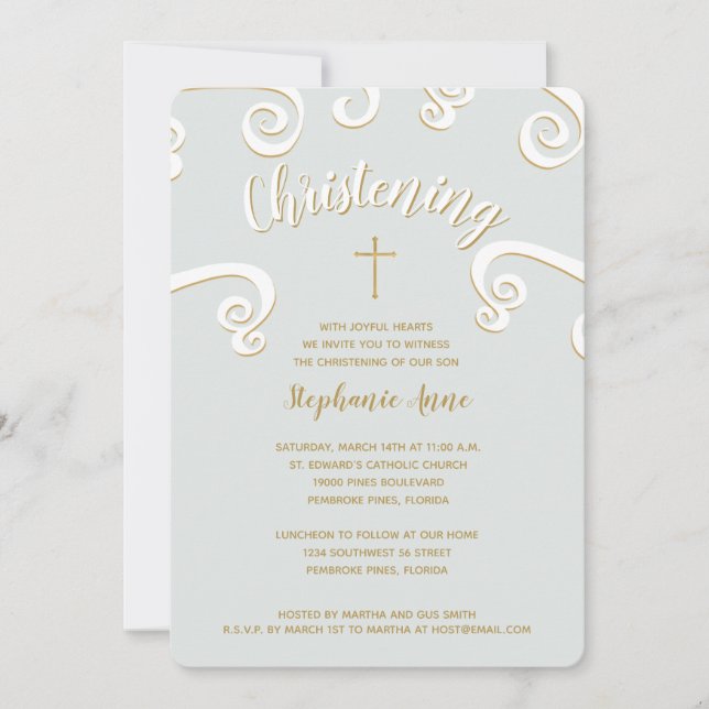 Christening Scrolls in Powder Blue and Gold Invitation (Front)