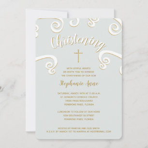 Christening Scrolls in Powder Blue and Gold Invitation