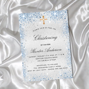 Christening silver blue boy script invitation