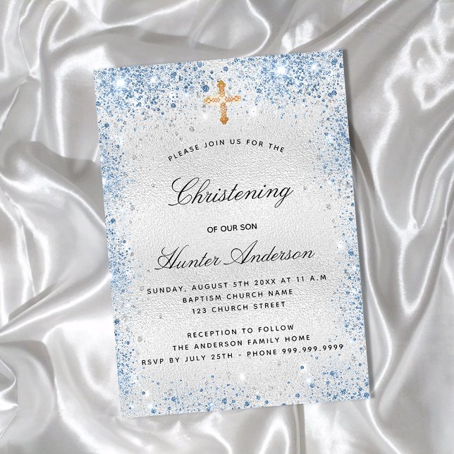 Christening silver blue boy script invitation (Creator Uploaded)