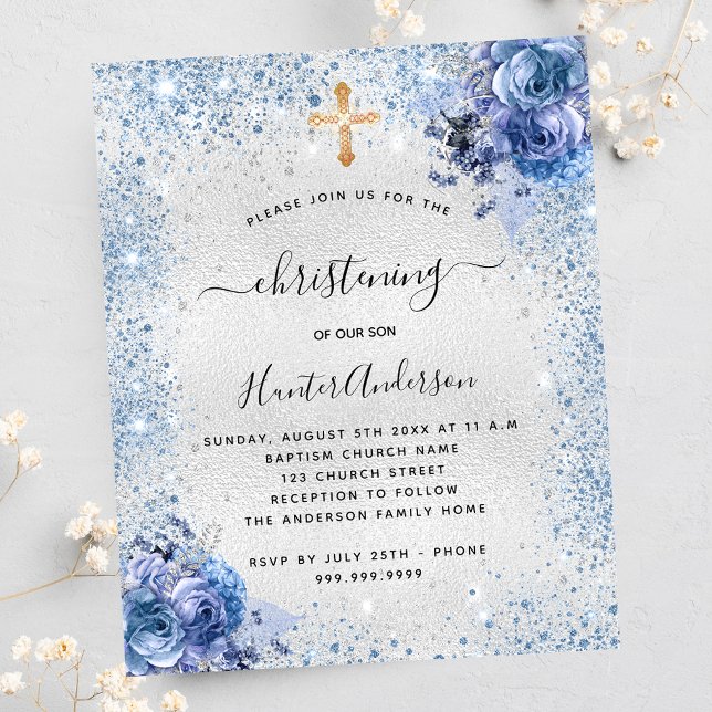 Christening silver blue floral budget invitation (Creator Uploaded)