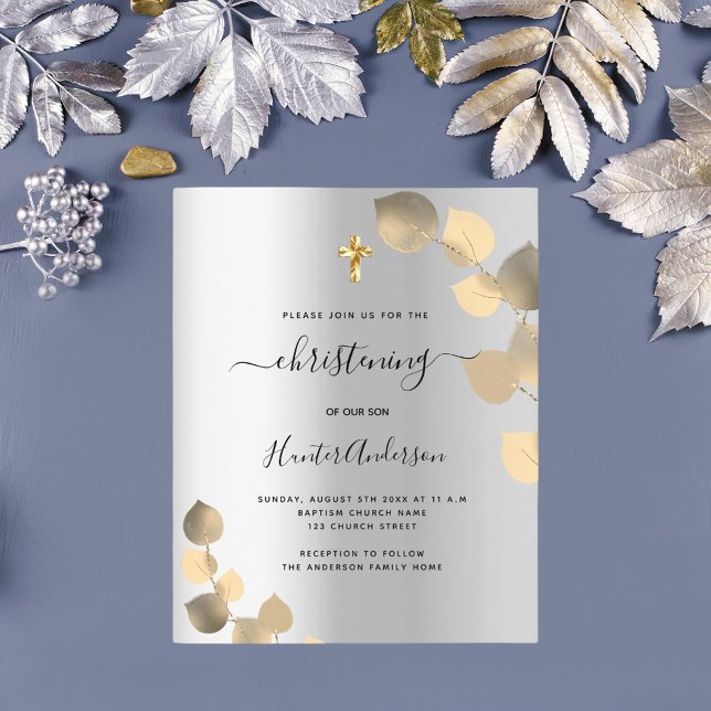 Christening silver eucalyptus budget invitation flyer (Creator Uploaded)
