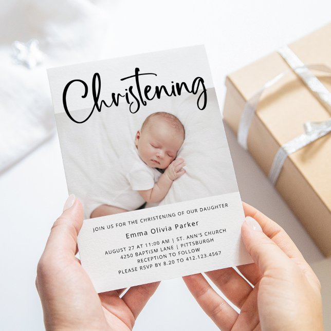 Christening | Simple Minimal Black and White Photo Invitation (Creator Uploaded)