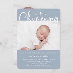 Christening   Simple Minimal Blue with Two Photos Invitation