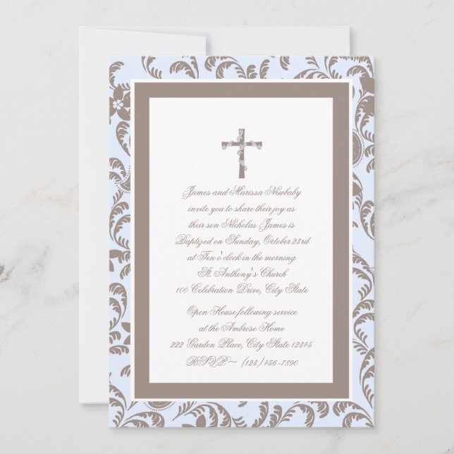 Christening Soft Blue and Brown Paisley Invitation (Front)