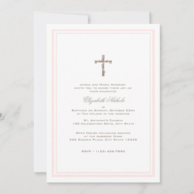 Christening Soft Pink and Brown Invitation (Front)
