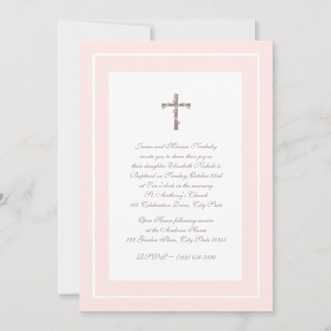 Christening Soft Pink and Brown Invitation (Front)