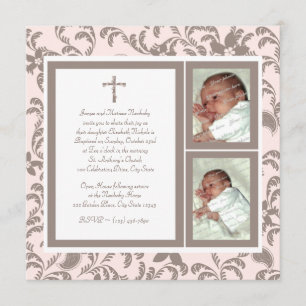 Christening Soft Pink and Brown Paisley Photo Invitation