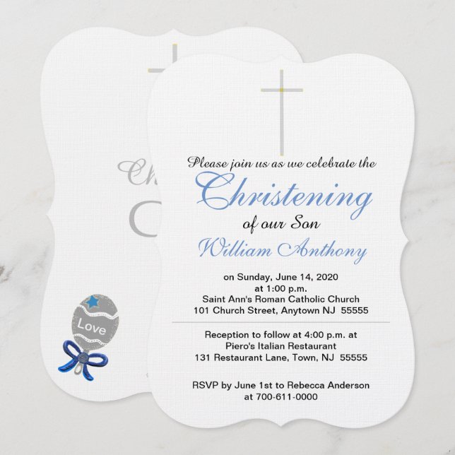 Christening Son Cross Blue Rattle Invitations (Front/Back)