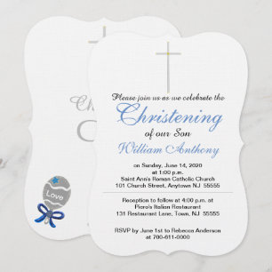 Christening Son Cross Blue Rattle Invitations