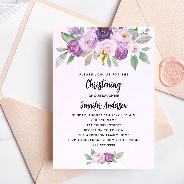 Christening violet flowers greenery cross invitation (Creator Uploaded)