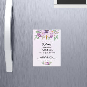 Christening violet flowers greenery cross luxury magnetic invitation