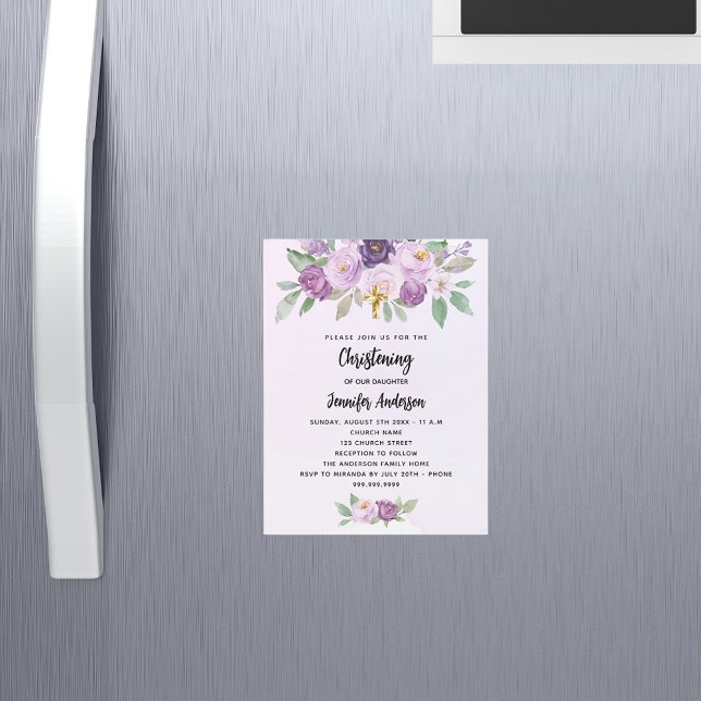 Christening violet flowers greenery cross luxury magnetic invitation (Creator Uploaded)