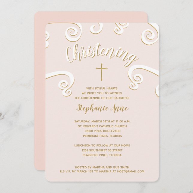 ChristeningScrolls in Pink and Gold Invitation (Front/Back)