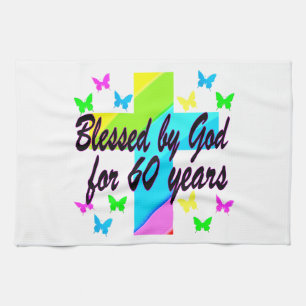 CHRISTIAN 60 BIRTHDAY CROSS DESIGN TEA TOWEL