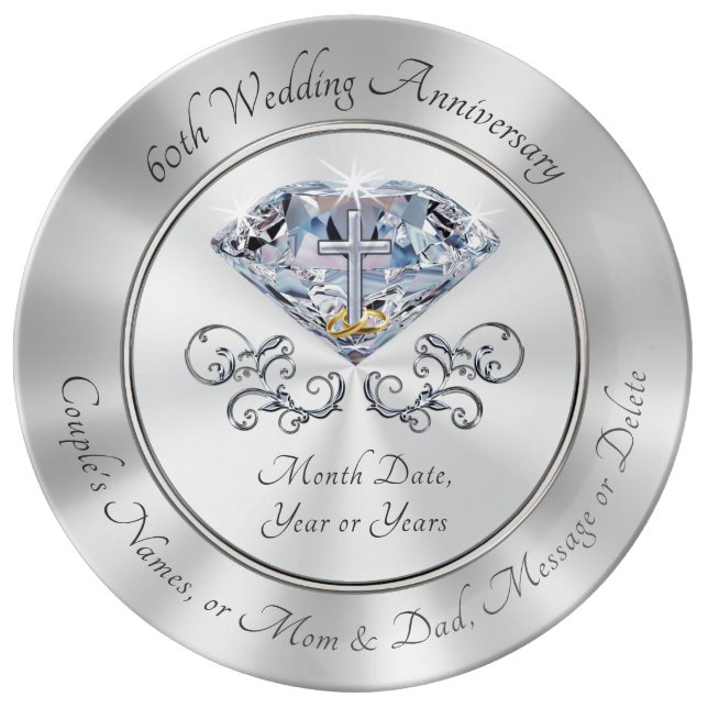 Christian 60th Anniversary Gifts, Diamond, Cross Plate (Front)