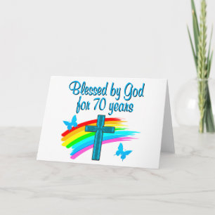 CHRISTIAN 70TH BIRTHDAY CROSS AND RAINBOWS CARD