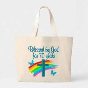 CHRISTIAN 70TH BIRTHDAY CROSS AND RAINBOWS LARGE TOTE BAG