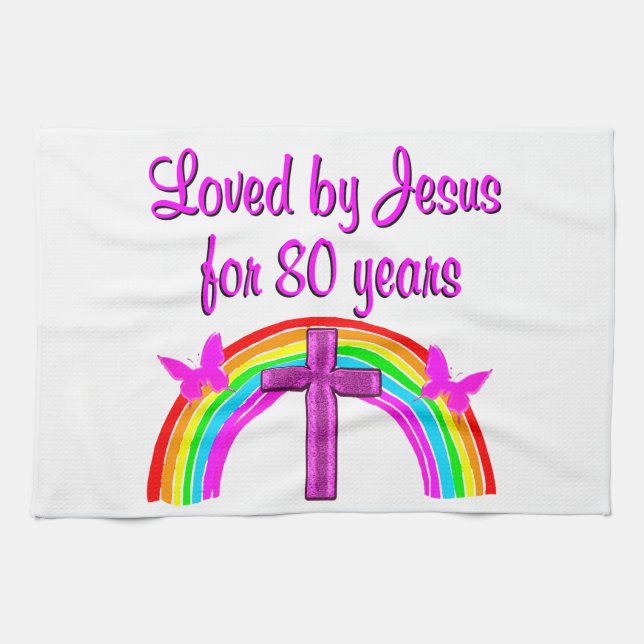 CHRISTIAN 80TH BIRTHDAY RAINBOW DESIGN TEA TOWEL (Horizontal)