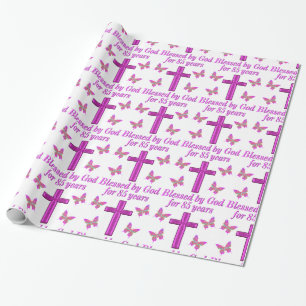 CHRISTIAN 85TH BIRTHDAY PINK CROSS DESIGN WRAPPING PAPER
