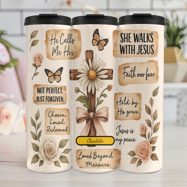 Christian Affirmations Rustic Floral Collage Thermal Tumbler (Creator Uploaded)